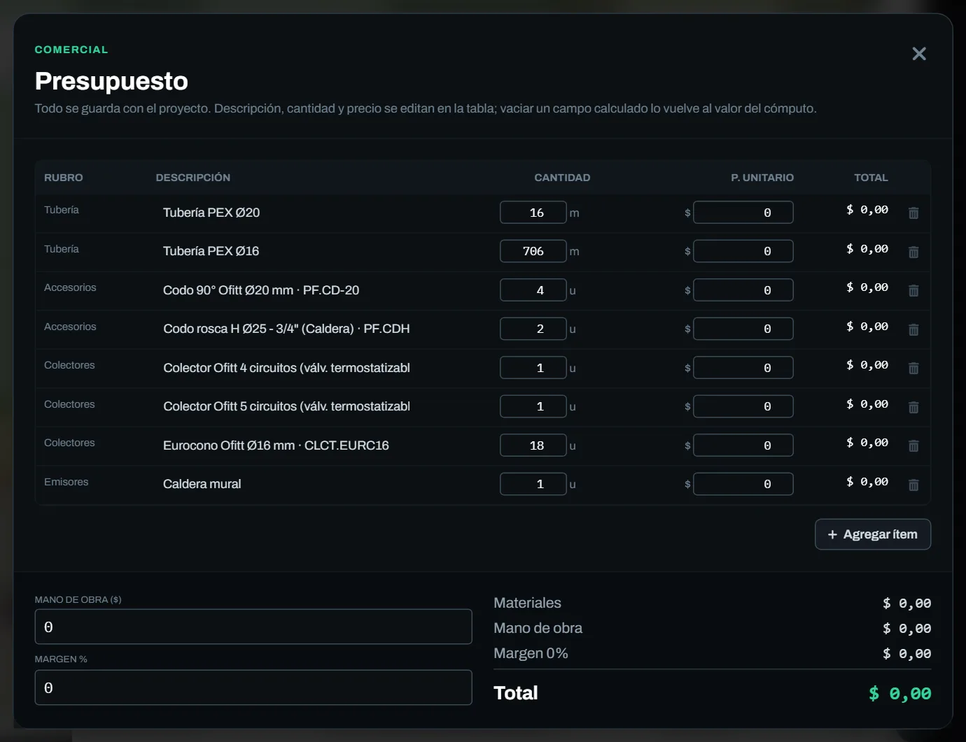 Presupuesto: Cantidades del cómputo, tus precios, mano de obra y margen. Lo que ves es lo que va al PDF del cliente.